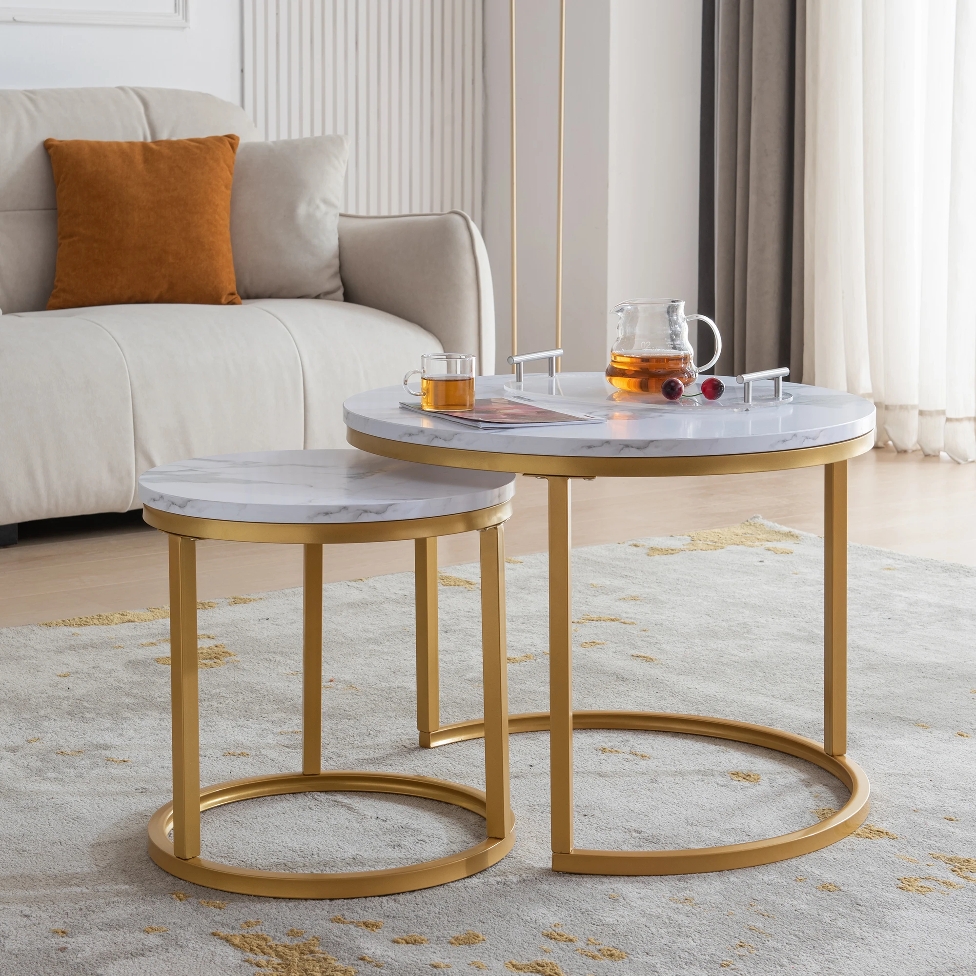 

Modern Nesting Coffee Table Round, Golden Color Frame with Wood Top for Small Space and Living Room