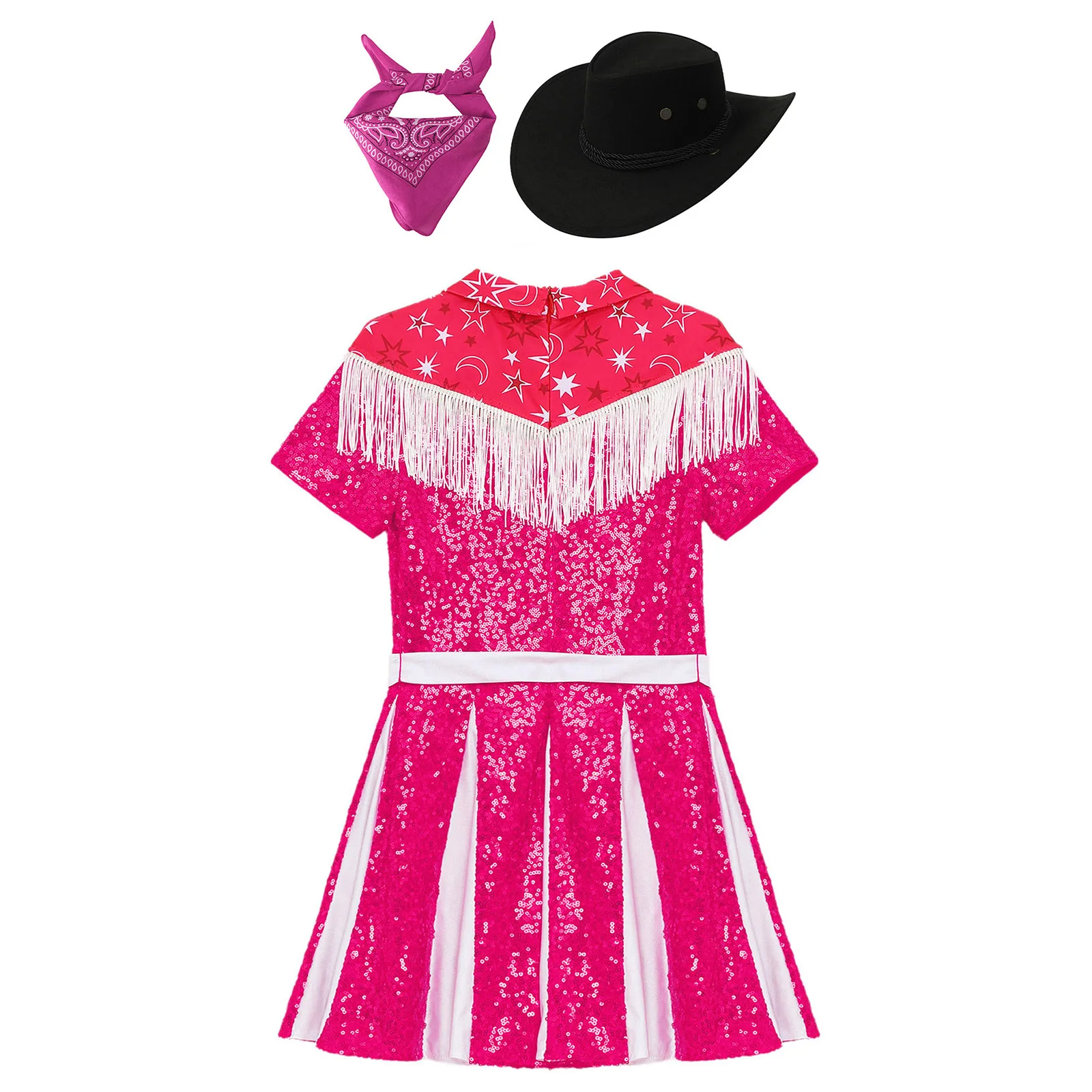 Western Cowgirl Cosplay Costume for Kids Girls Fringe Sequins Dress with Hat Bandanna Carnival Halloween Theme Party Fancy Dress