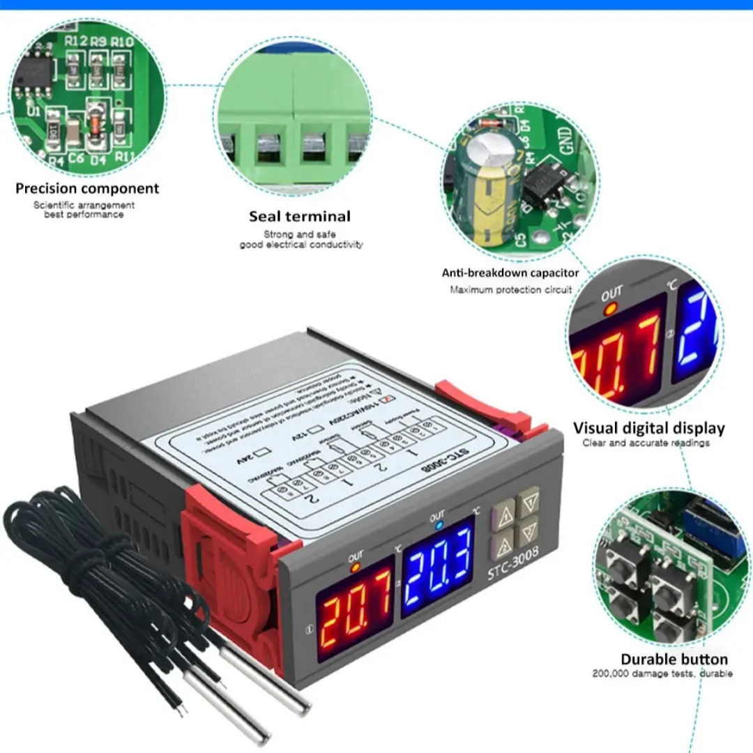Dual Probe STC-3008 Dual Digital Temperature Controller Thermostat Thermoregulator Incubator Relay LED 12V24V 220V Heater Cooler