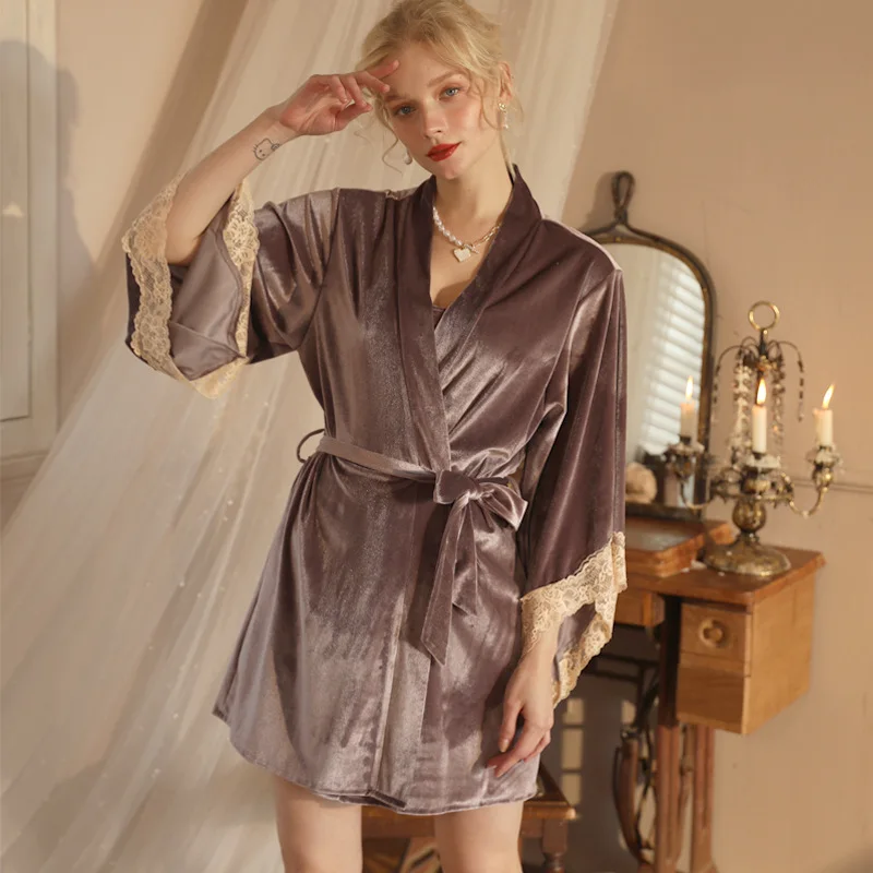 Warm Velvet Sleepwear Sexy Lace Trim Bathrobe Women Velour Wedding Bride Robe Loose Kimono Gown Femme Nightgown Loungewear