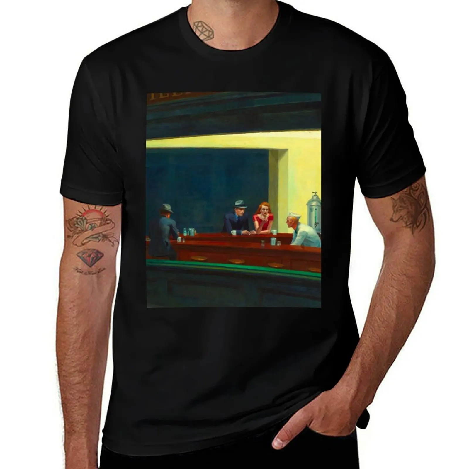 

Edward Hopper Nighthawks (1942). Vintage Exhibition Poster T-Shirt Gym Exercise Short Sleeve T-Shirt