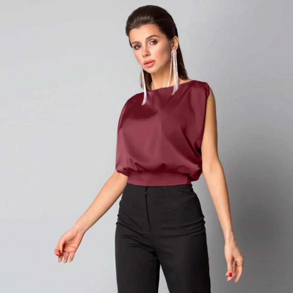 ZHUANQING Summer Satin Silk Sexy Elegant Womens Tops Blouses O- Neck Sleeveless Open Back Bow Tie Office Shirts Fall