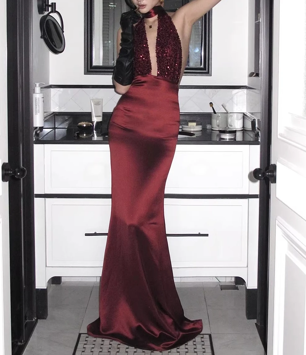 

Red Satin Patch Sequin Halter Backless Dress Women Sleeveless High Waisted Chic Maxi Vestidos Bodycon Evening Party Clothing