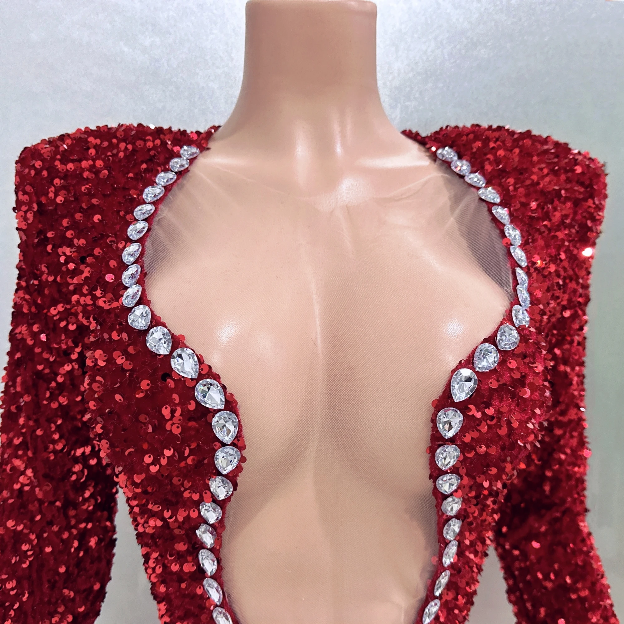 Sexy See Through Sheath Mini Dress Red Sequins Rhinestones Nightclub Performance Custome Stage Wear Birthday Evening Party Dress