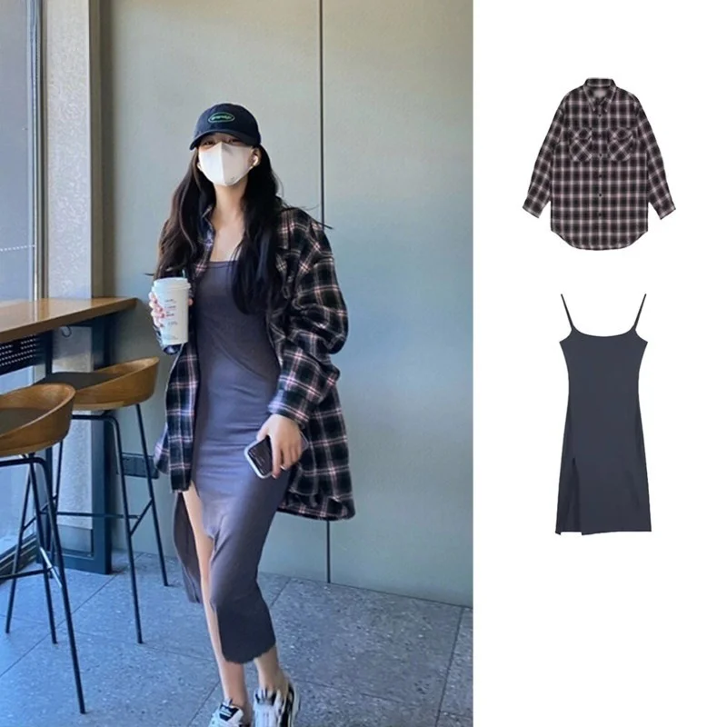 

Exjr Zhao Lu Si Plaid Loose BF Style Shirt Mid-Length Women's Dress with Side Slit Pure Desire Button-Up Long Sleeve Collar