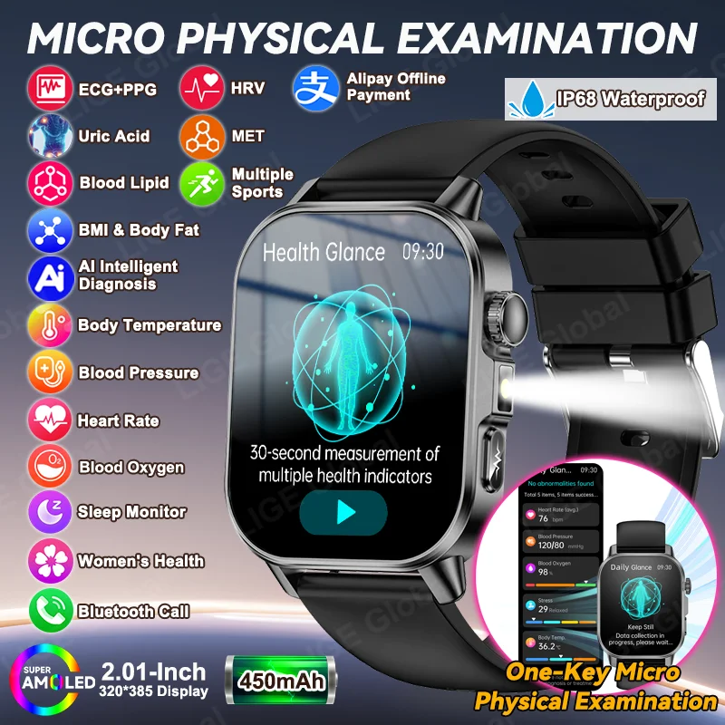 

Смарт-часы LIGE New Nursing Grade Health Smart Watch с LED-фонариком, измерением уровня кислорода в крови, липидов, мочевой кислоты, артериального давления, ЭКГ+PPG, функцией Bluetooth-звонков, модель 2026 года