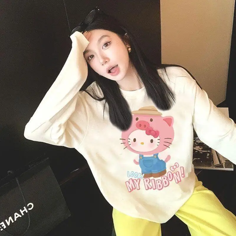 

Новая женская футболка Sanrio Hello Kitty с длинными рукавами, весенне-осенний базовый слой, свободный пуловер с мультяшным принтом для девочек, кавайный стиль