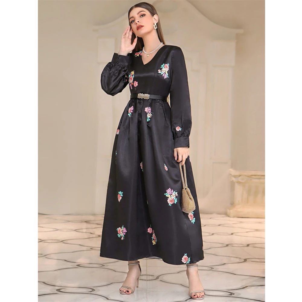 

Women Autumn Wimter Long Sleeve Floral Maxi Dresses for Muslim Dubai Kaftan Abaya Islamic Clothing Arabic Robe Turkey Vestidos