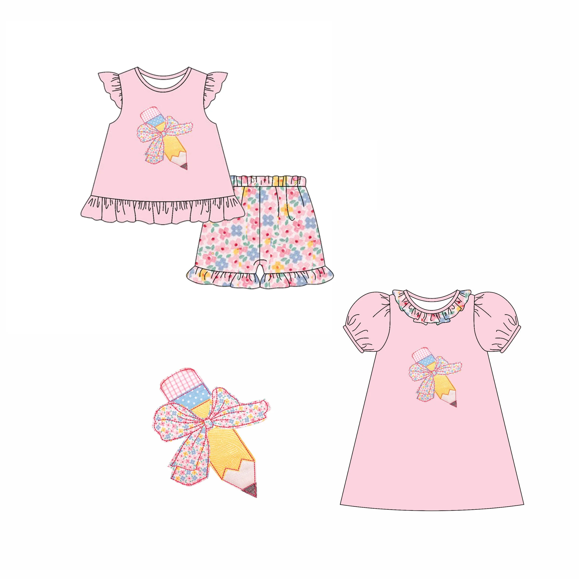 

Комплект для девочек: топ с аппликацией карандаша и цветочным принтом, рюшами на рукавах, шорты и платье с пышными рукавами. Индивидуальный пошив.