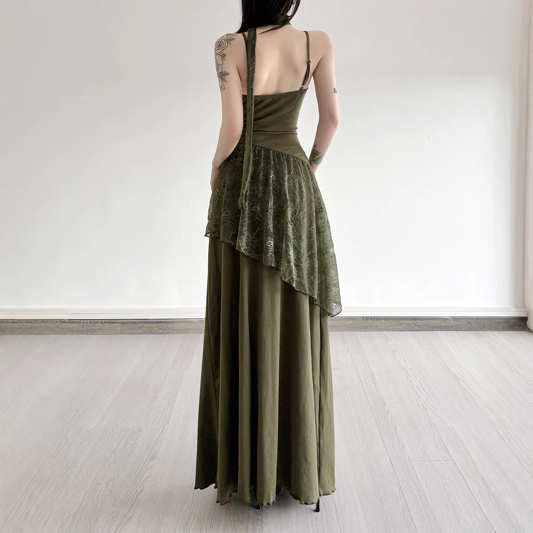 Damen Gothic Vintage Spitzen-Panel-Kleid mit V-Ausschnitt, Spaghettiträger, durchsichtig, A-Linie, Maxi, trendiges Waldmädchen-Slim-Fit-Retro-Ästhetik-Kleid