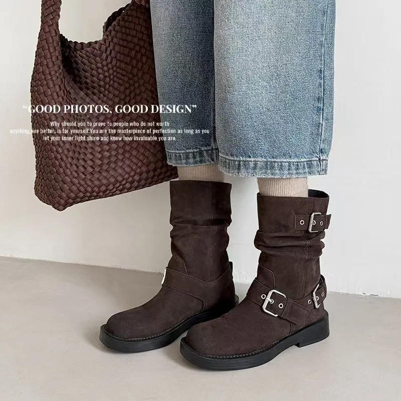 2026 autumn winter women ankle boots 22-25cm brush color cow suede/cowhide round toe belt buckle western boots Pile up boots
