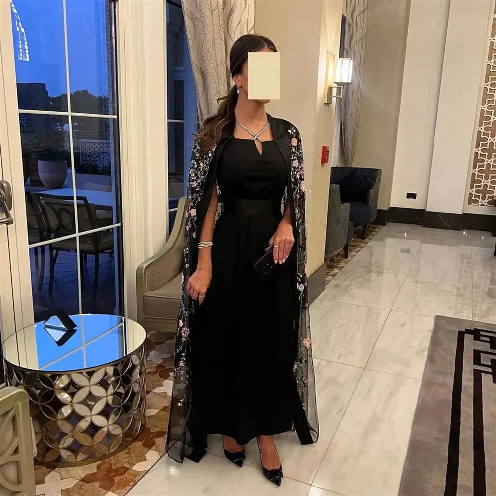 Annie Black Luxury Formal Occasion Evening Dress فساتين السهرة 3D Flower With Cape Elegant Ladies Evening Dress Party Dress