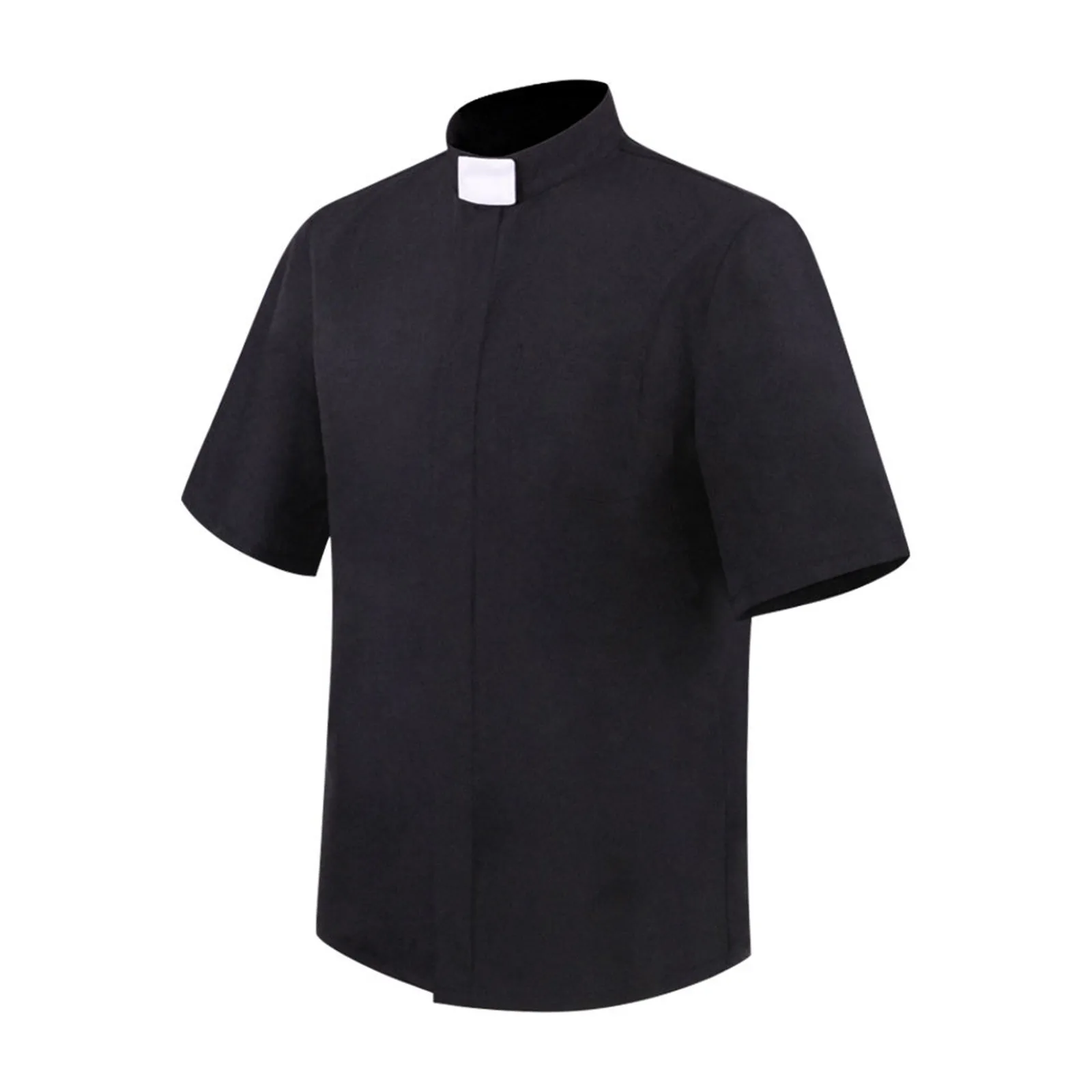 Men\'s Halloween Missionary Cosplay Priest Cosplay Short Sleeved Black Shirt Pastor Clergy Stand-Up Collar Tops Roman Blouse