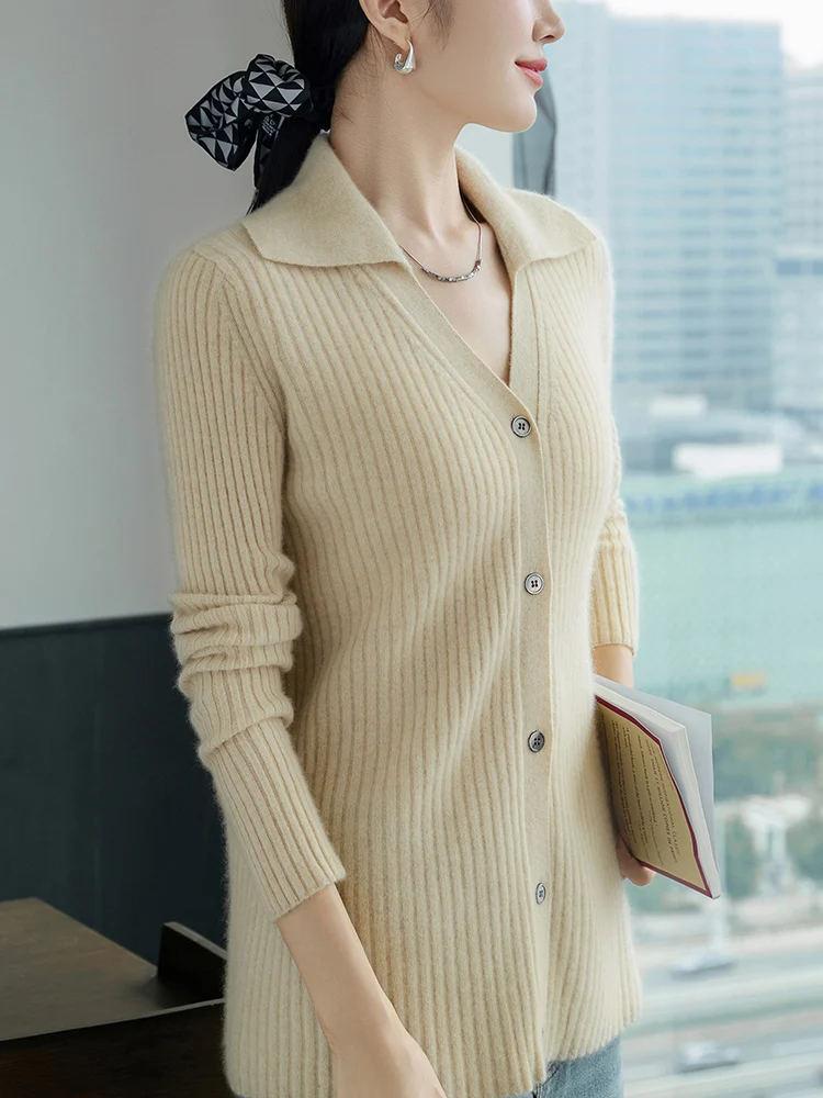 Autumn Winter Women Casual Sweater 100% Merino Wool Polo Collar Knitted Cardigan Striped Outerwear Long Sleeve Soft Clothes Tops