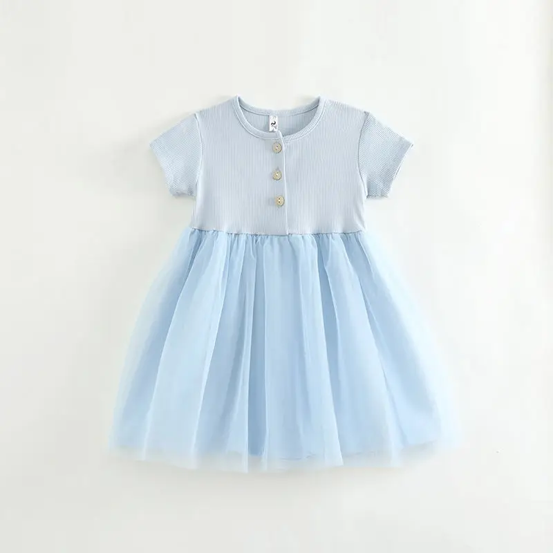 2024 Summer New Girls Thin Knitted Mesh Dress Short Sleeve Button Splicing Baby Princess Dress Sweet Cotton Children's Dress