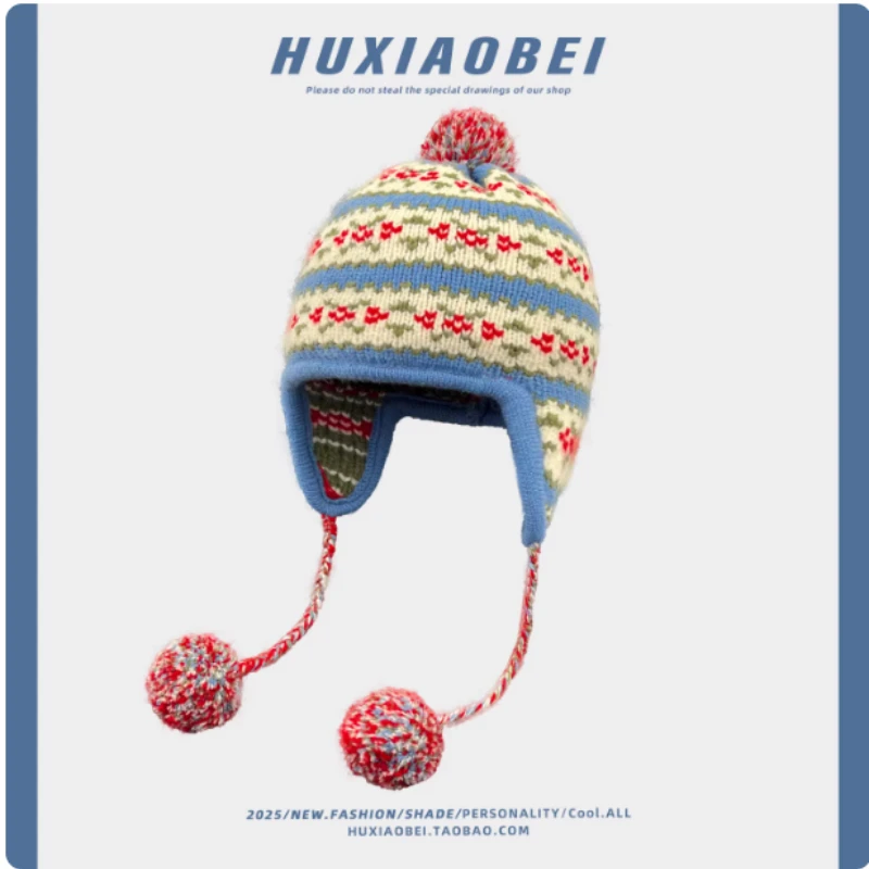 

Корейская жаккардовая вязаная шапка Ins, женская осенне-зимняя уличная велосипедная шапка с защитой ушей, теплые женские шапки-бомберы