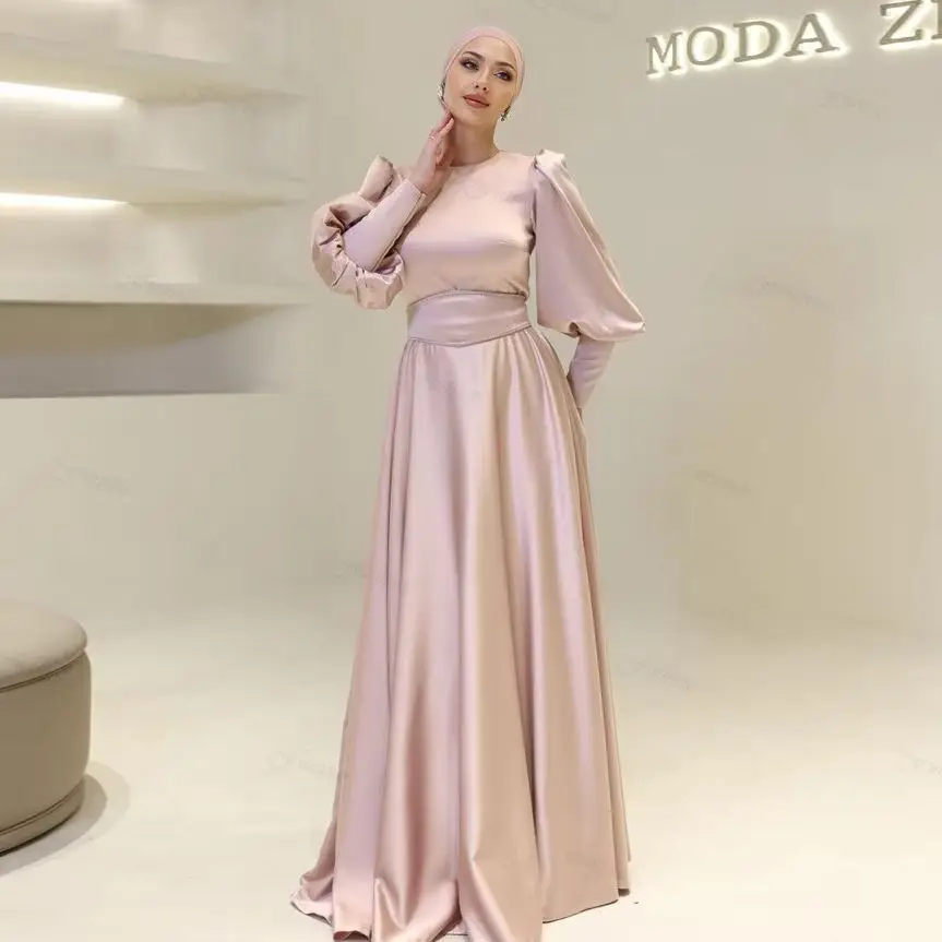 

Customized Muslim Wedding Guest Dresses Classy Puffy Sleeves A-Line Pink Satin Dubai Hijab Formal Evening Gowns Long 2025 New