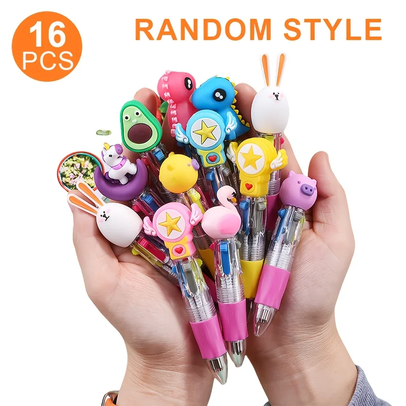 16 قلم حبر جاف صغير بأربعة ألوان، كارتون لطيف، تصميم ضغط، كتابة سلسة، مناسب لملاحظات الطبقة، إلخ