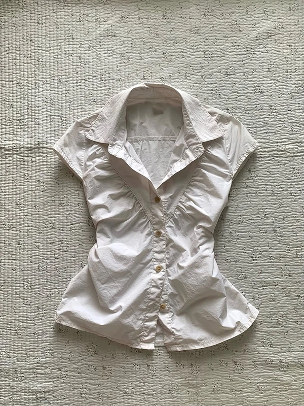 Original Retro Design Slim Fit irt f Sp สาวเกาหลี Sle Cotton Blend ort Sve Collar Pure Color Summer irt