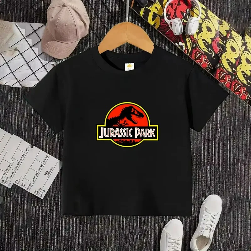 

Лето 2023, новая футболка из чистого хлопка с мультяшным принтом «Парк Юрского периода» для мальчиков и девочек, детский уличный топ с героями мультфильмов аниме