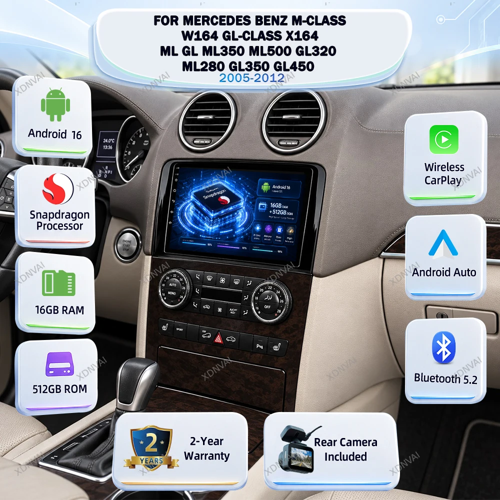 For Mercedes Benz M-Class W164 GL-Class X164 ML GL ML350 ML500 GL320 ML280 GL350 GL450 2005-2012 Android 16 Car Radio