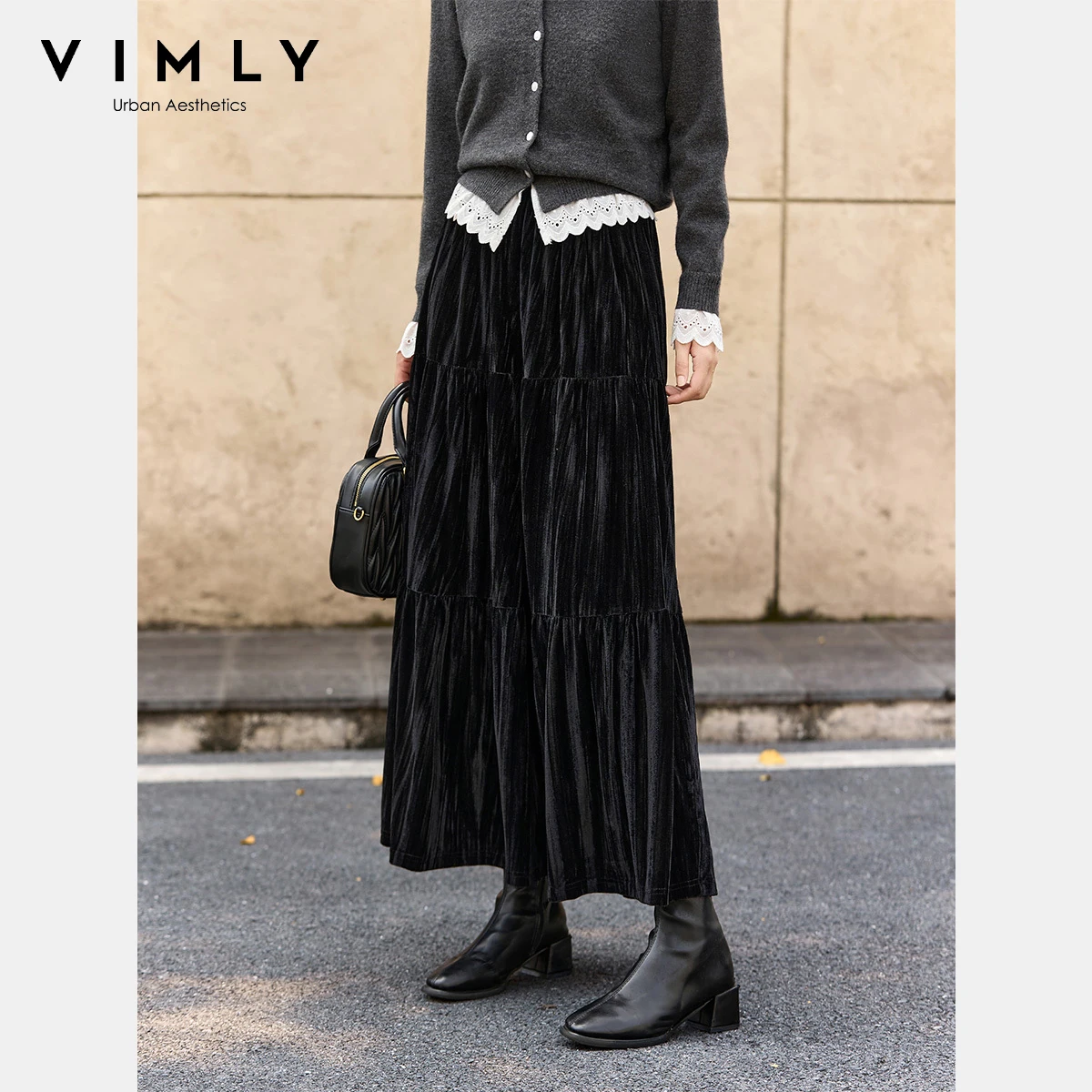 VIMLY Damskie Czarne Aksamitne Spódnice Midi Jesień 2025 Rozkloszowane Warstwowe Plisowane Długie Spódnice Eleganckie Luźne Satynowe Jedwabne Spódnice Damskie A3252