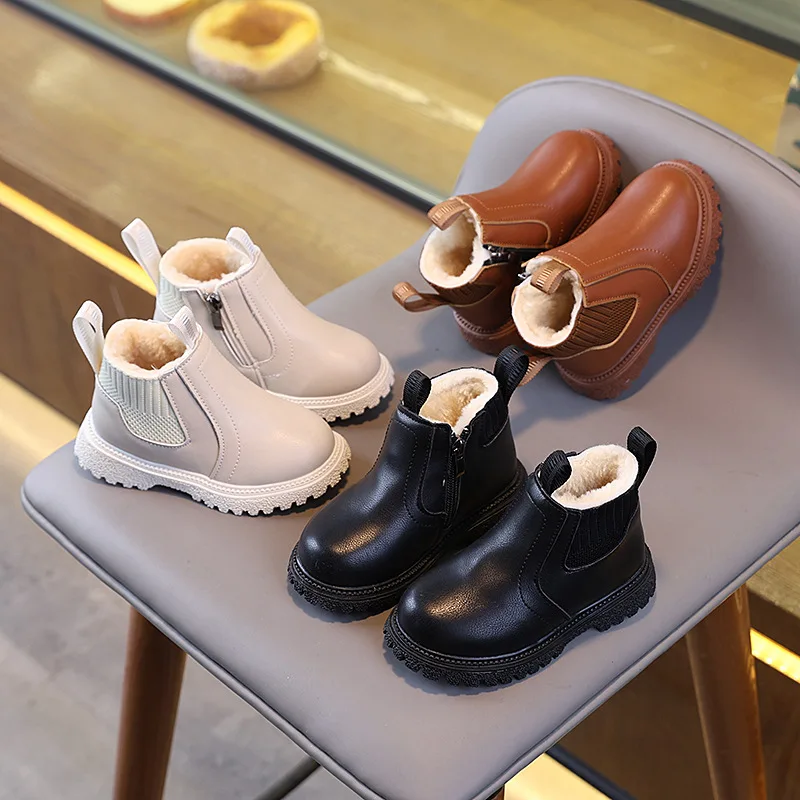 

Winter Children Fleece-Lined Work Short Boots Kids Warm Retro Knight Boot Girls Low-Cut Cotton Boot Outdoor Non-Slip Casual Shoe