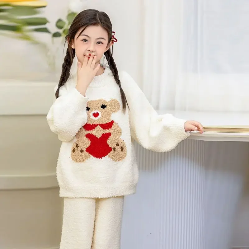 Kids' Flannel Pajamas Winter Thickened Plus Size Warm Cartoon Print Sleepwear Set New Design Thermal Cotton Blend Homewear