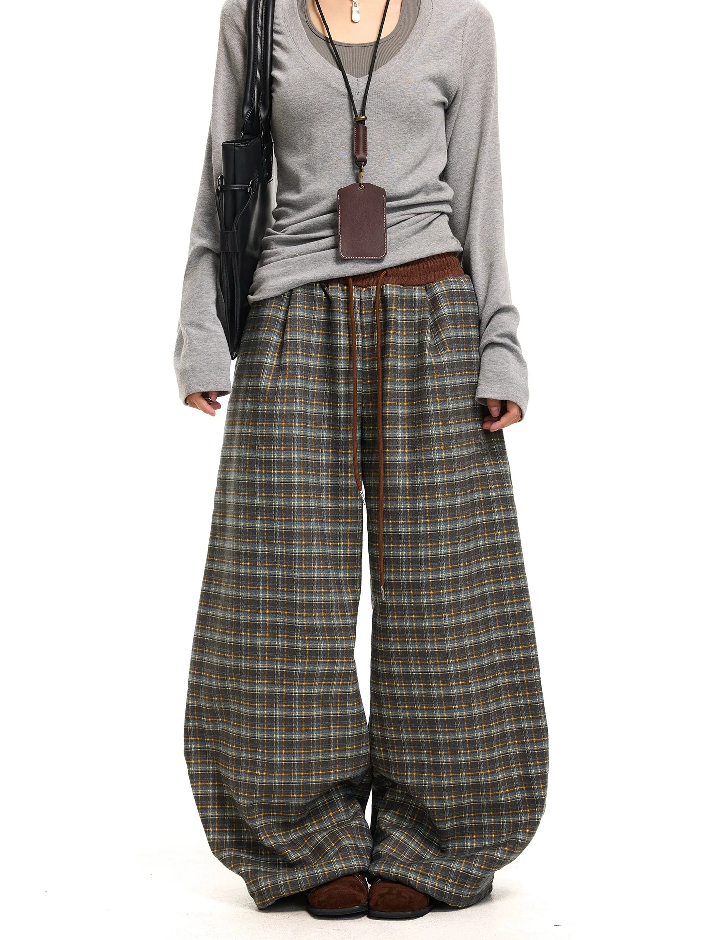 

Брюки женские Chen Zhanlao Store в стиле ретро, в клетку, с эластичным поясом, широкие, свободные, повседневные, универсальные, прямые