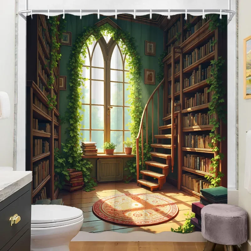 YX1pc Whimsical Library Shower Curtain - Spiral Staircase, Wooden Shelves, Lush Greenery, 70.8x70.8