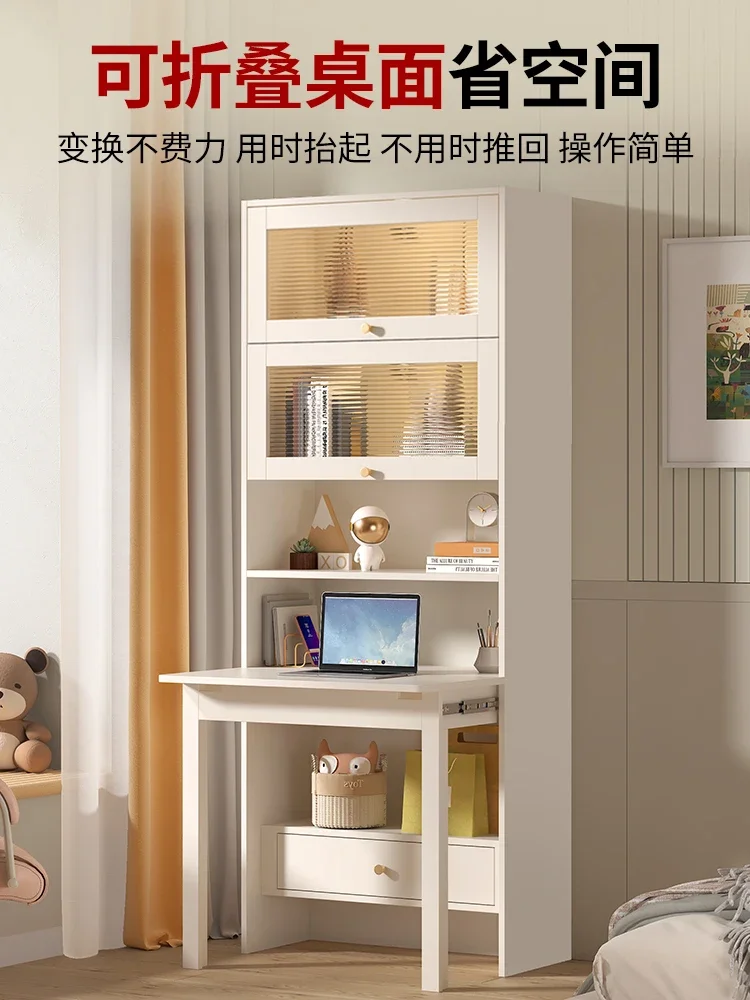 Cream style folding desk bookshelf integrated bedroom connected computer desk bookcase combination household small apartment FL4