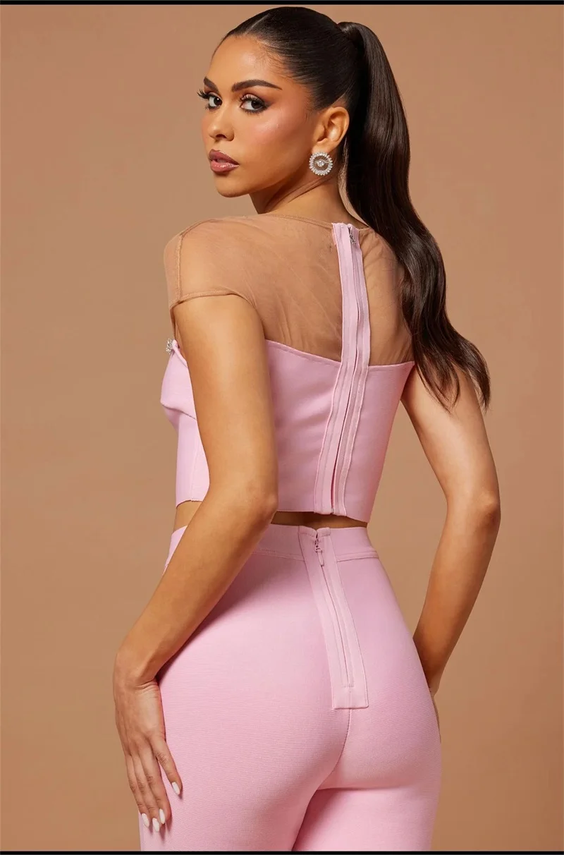 Rhinestones Chain Zipper Women Pantsuit Strapless Dew Waist 3/4 Sleeve Short Tops Elegant Pink Bandage Pants New Design In Stock