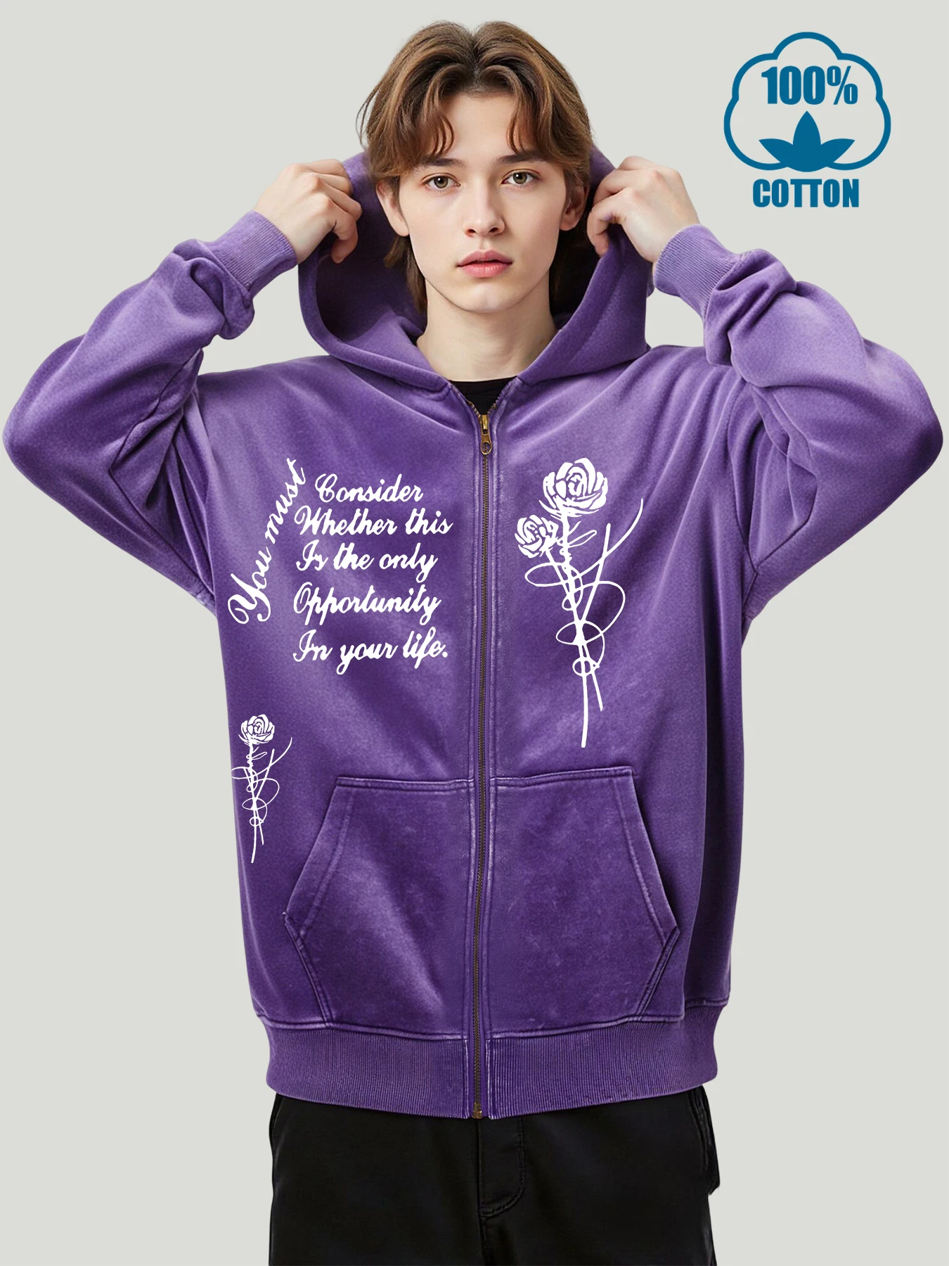 

Мужское потертое пальто на молнии с закругленными розами и художественными словами, модные хлопковые толстовки, осенняя повседневная мужская толстовка на молнии, свободная уличная одежда