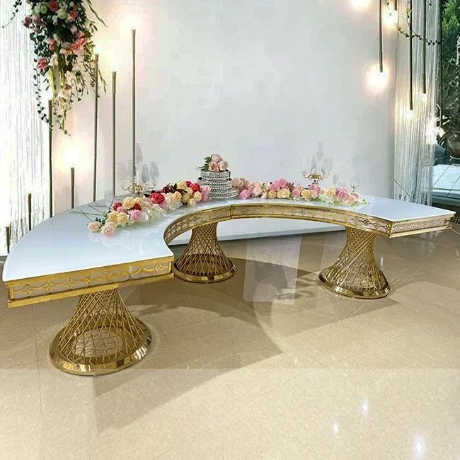 luxury wedding event light half moon shape stainless steel dining table with glass