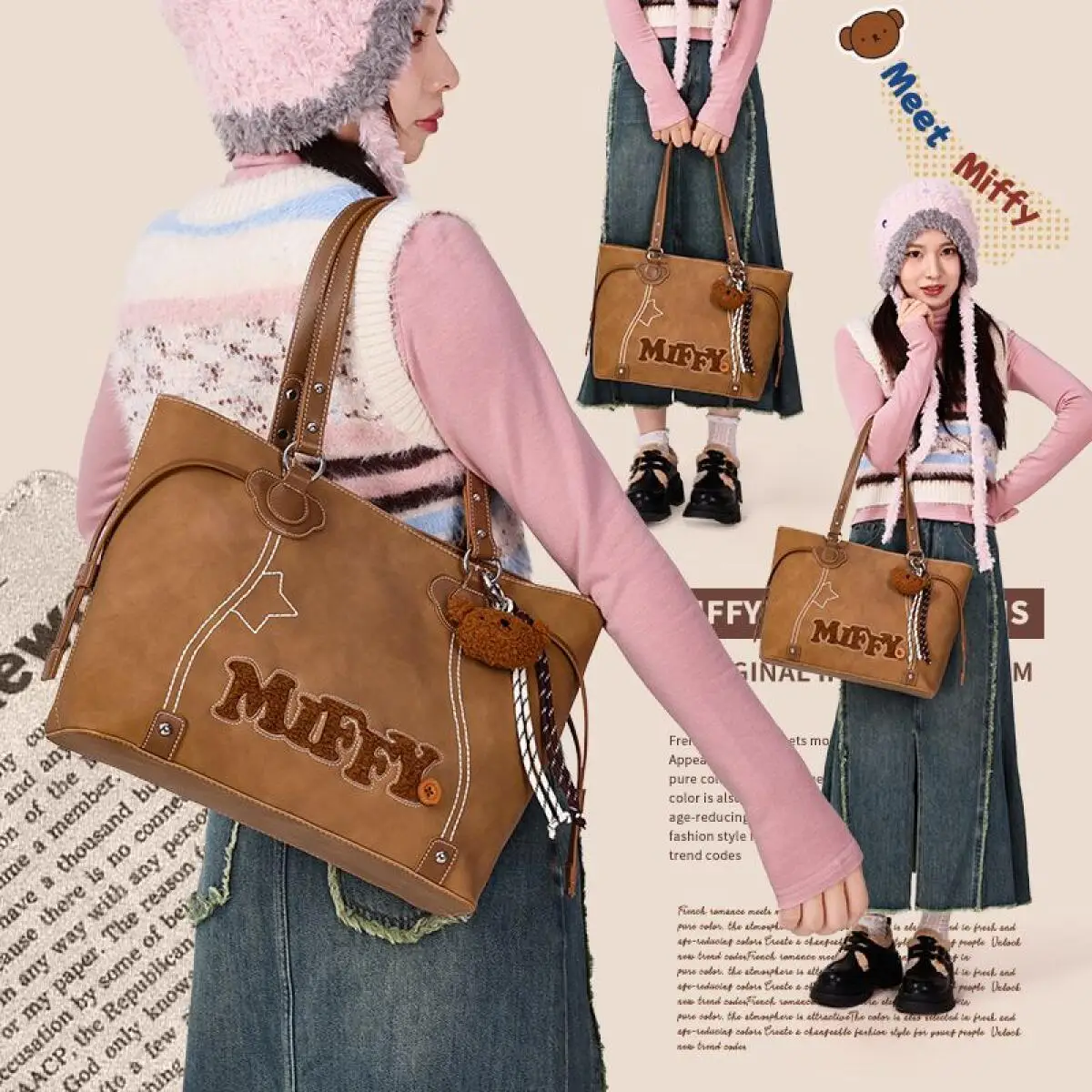 

Сумка Miffy на плечо для женщин, большая вместительная модная сумка через плечо в стиле ретро, повседневная сумка-тоут с героями мультфильмов, пригородная сумка на плечо, подмышки