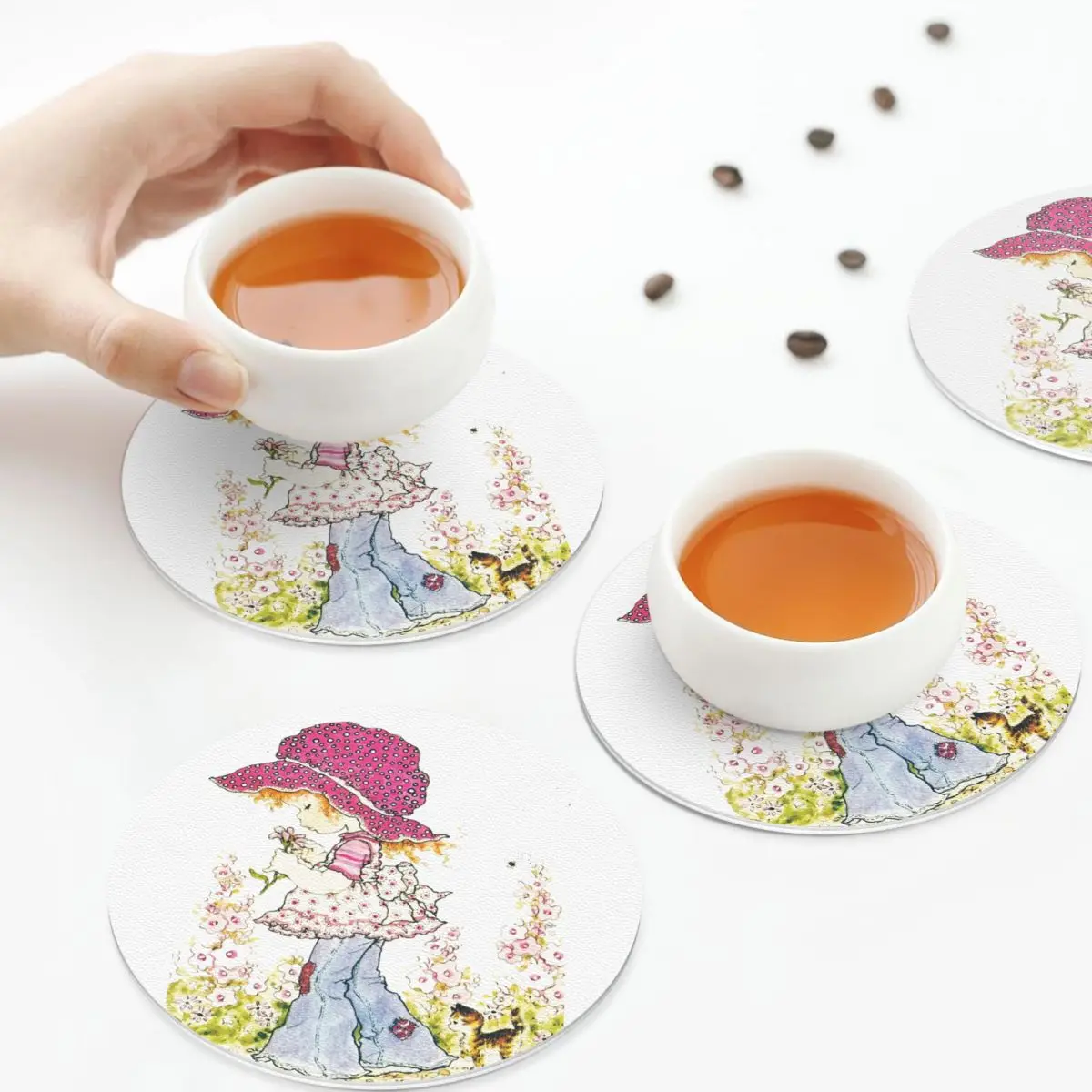 Sarah Kay Girl Coasters PVC Leather Placemats Insulation Coffee Mats for Decor Home Kitchen Dining Pads Set of 6