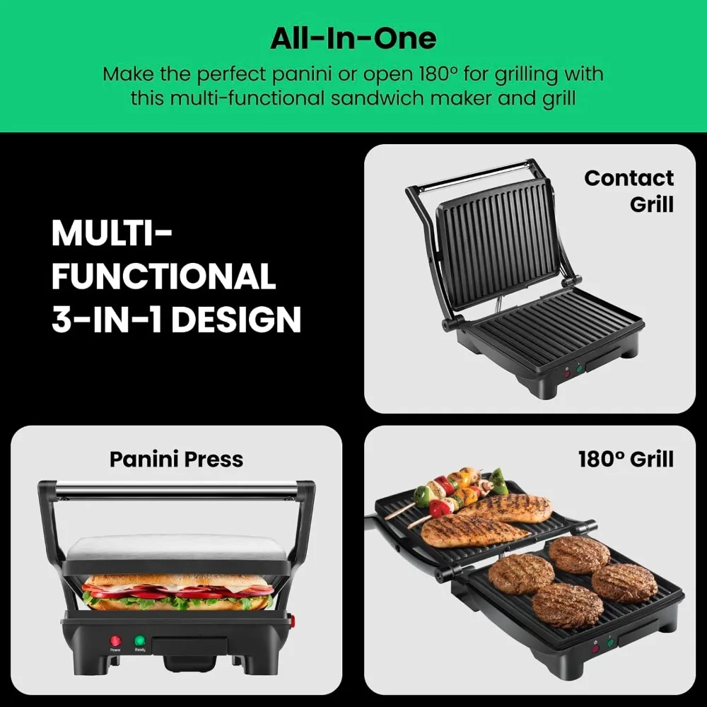 Panini Press Grill and Gourmet Sandwich Maker Non-Stick Coated Plates, Opens 180 Degrees to Fit Any Type or Size of Food