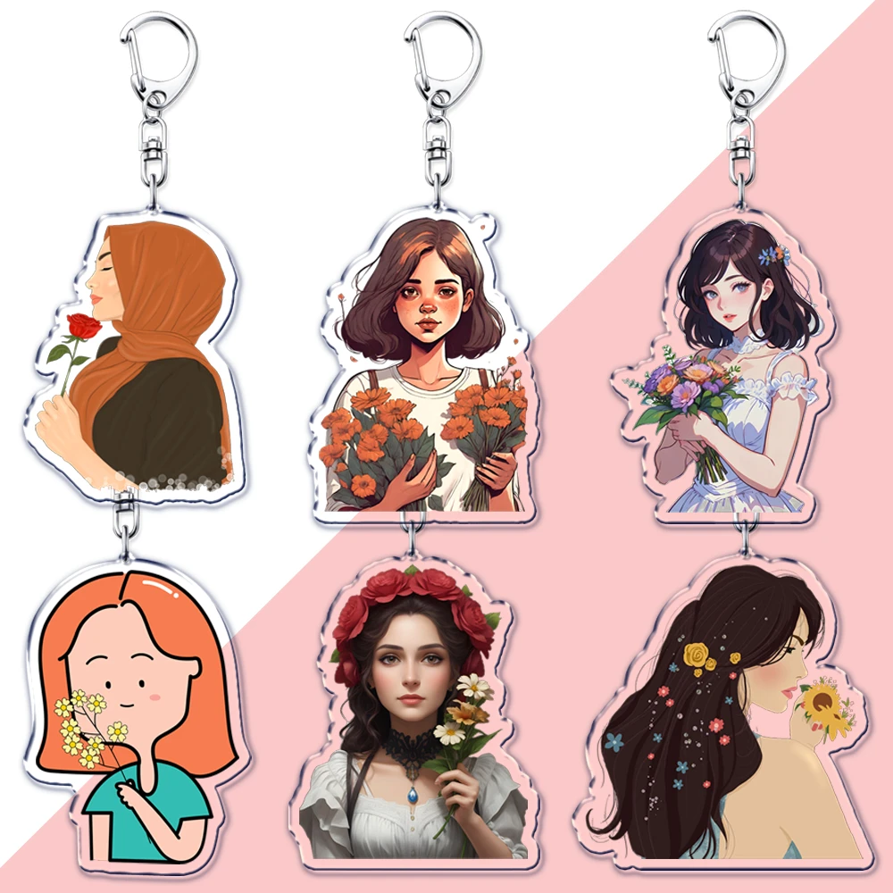 Fashion Spring Woman Holding Flowers Portrait Keychain for Accessories Floral Bouquet Renaissance Keyring Jewelry Fans Gifts