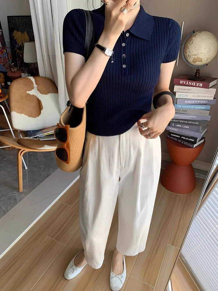 New Advanced Ice Silk Short Sleeve  Collar Knitted Top Women's Summer Dark Blue Slim Fit T-Shirt Shoulder Width Regular