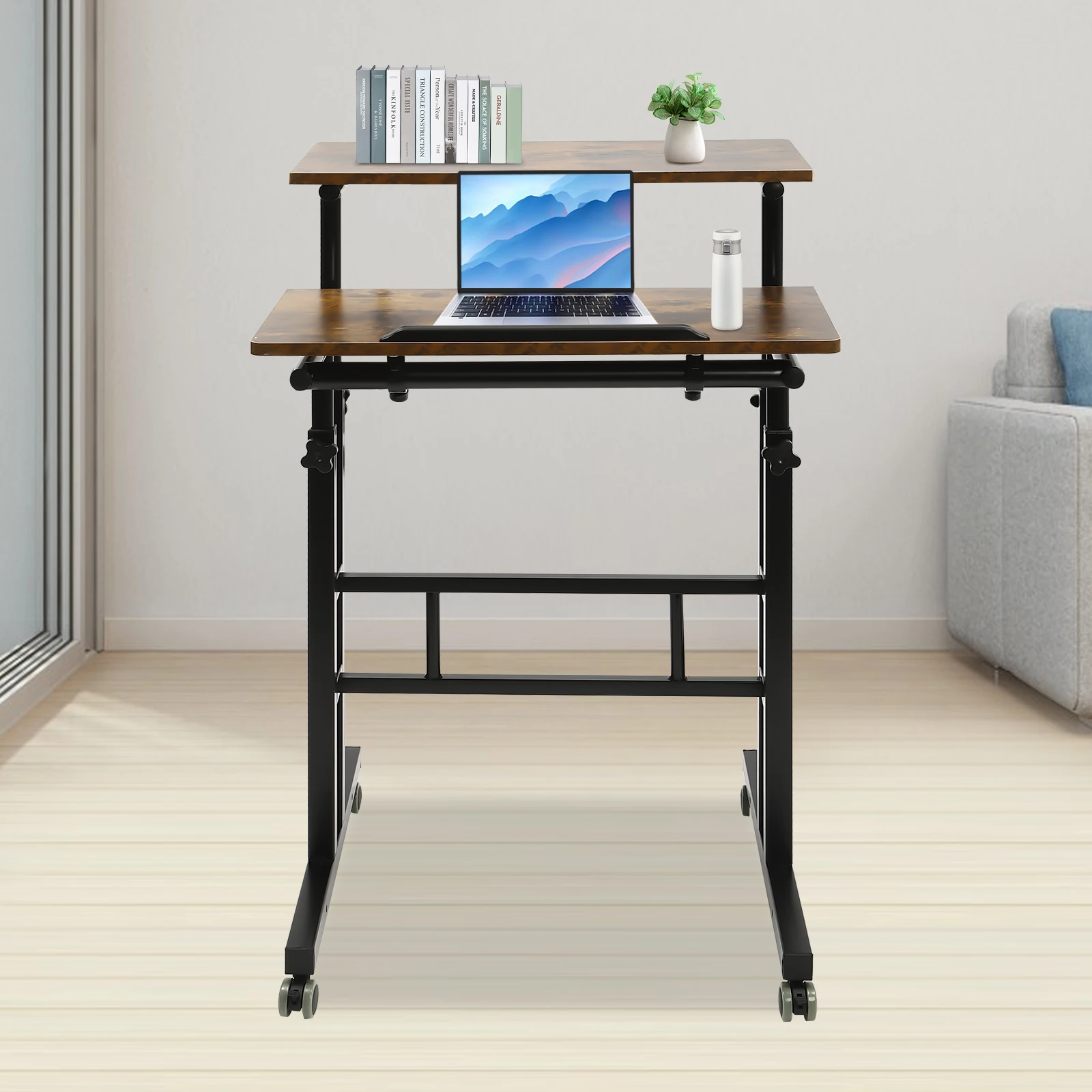 Mobile Stand up Desk, Small Adjustable Standing Desk with Wheels, Home Workstation, Portable Rolling Desk