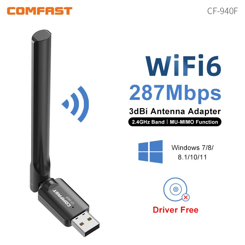 

AX300 WiFi 6 USB Adaptador Driver Free 180° Rotation Wi Fi Dongle 286Mbps Mini Wireless Receiver 3dBi Antenna for Win7/10/11