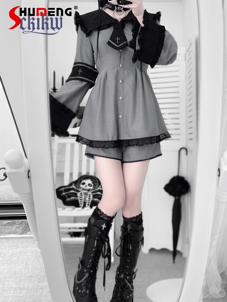 

Original Mine Subculture Gothic Long Sleeve Dress Shorts 2-Piece Set Autumn New Girl's Sweet Cool Navy Collar Lolita Dress Set