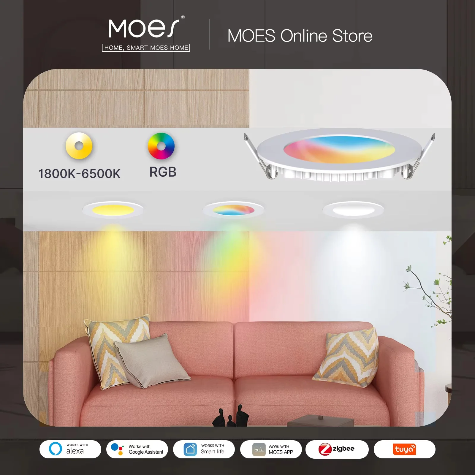 MOES ZigBee Downlight Tuya Thin Dimming Spot Lamp 6W RGB Change Warm Cool Light Work With Alexa Google Home Smart Life In Party