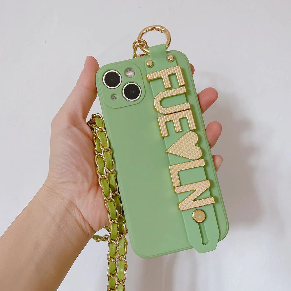 Custom Name Gold Letters TPU Lanyard Phone Case For iPhone 11 12 16pro 13Pro Max 14 pro max For Samsung Personalized Chain Cover