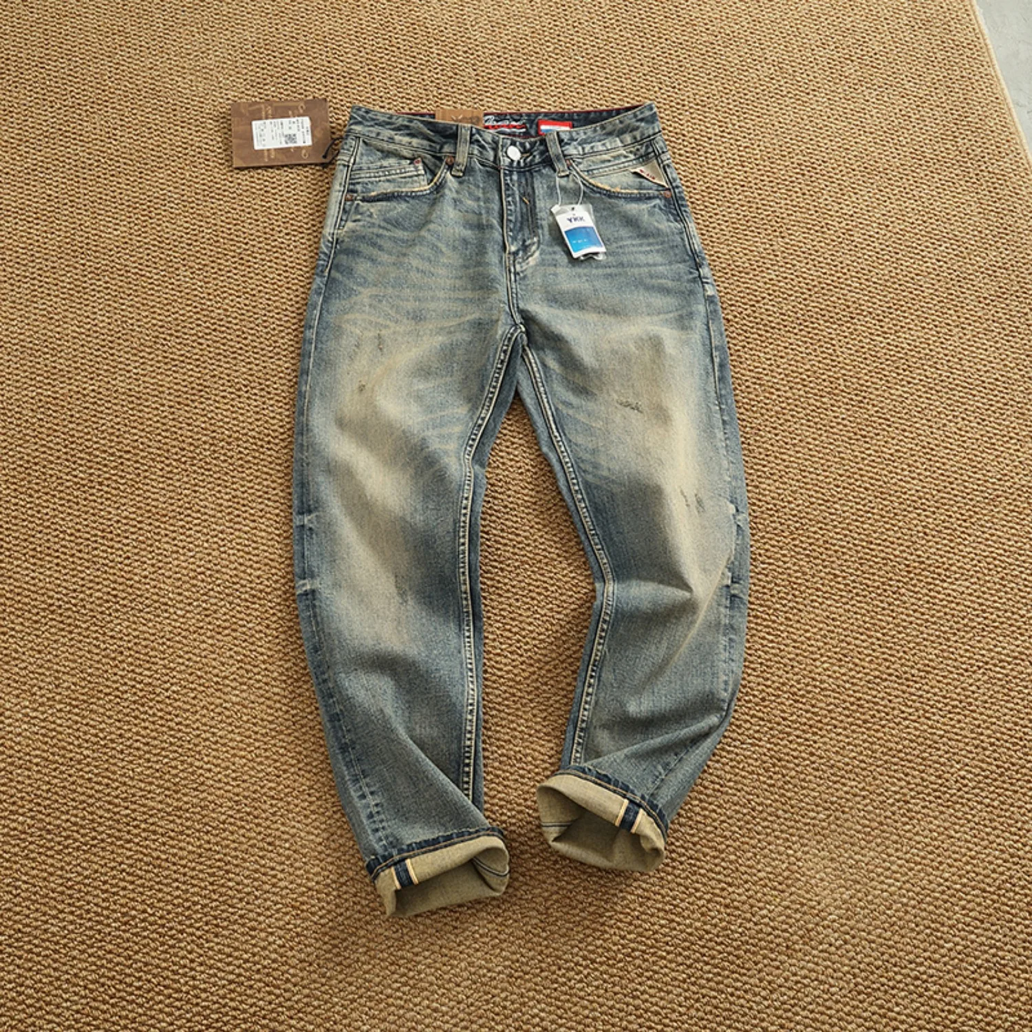 

14OZ Premium Denim pants with ear-wrapped hem Men SLIM FIT Cat-cut White Stretch Slim Straight pants
