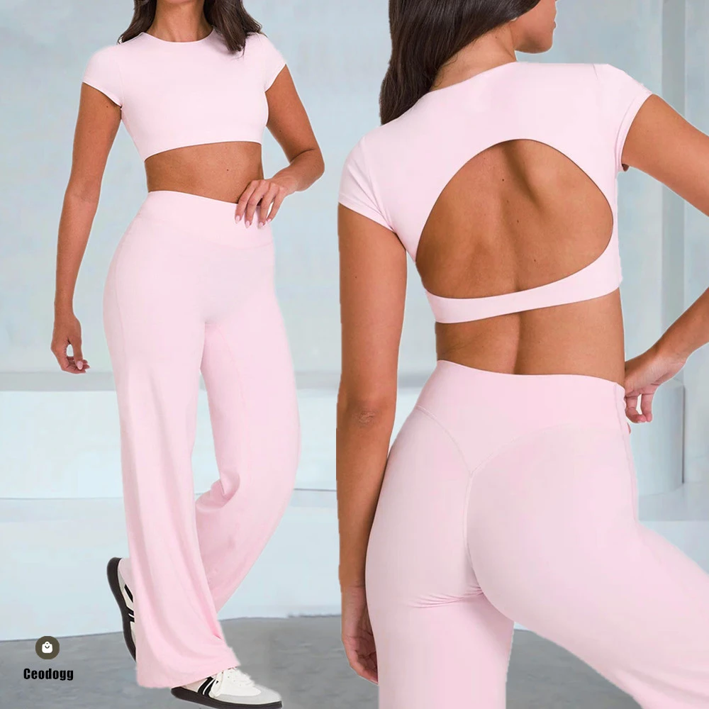 

2PCS Pad Short Sleeve Crop Top Women Gym Yoga Set Tight Fitting Sports Workout Pant T Shirts Bell-bottoms Fitness Leggings XP13