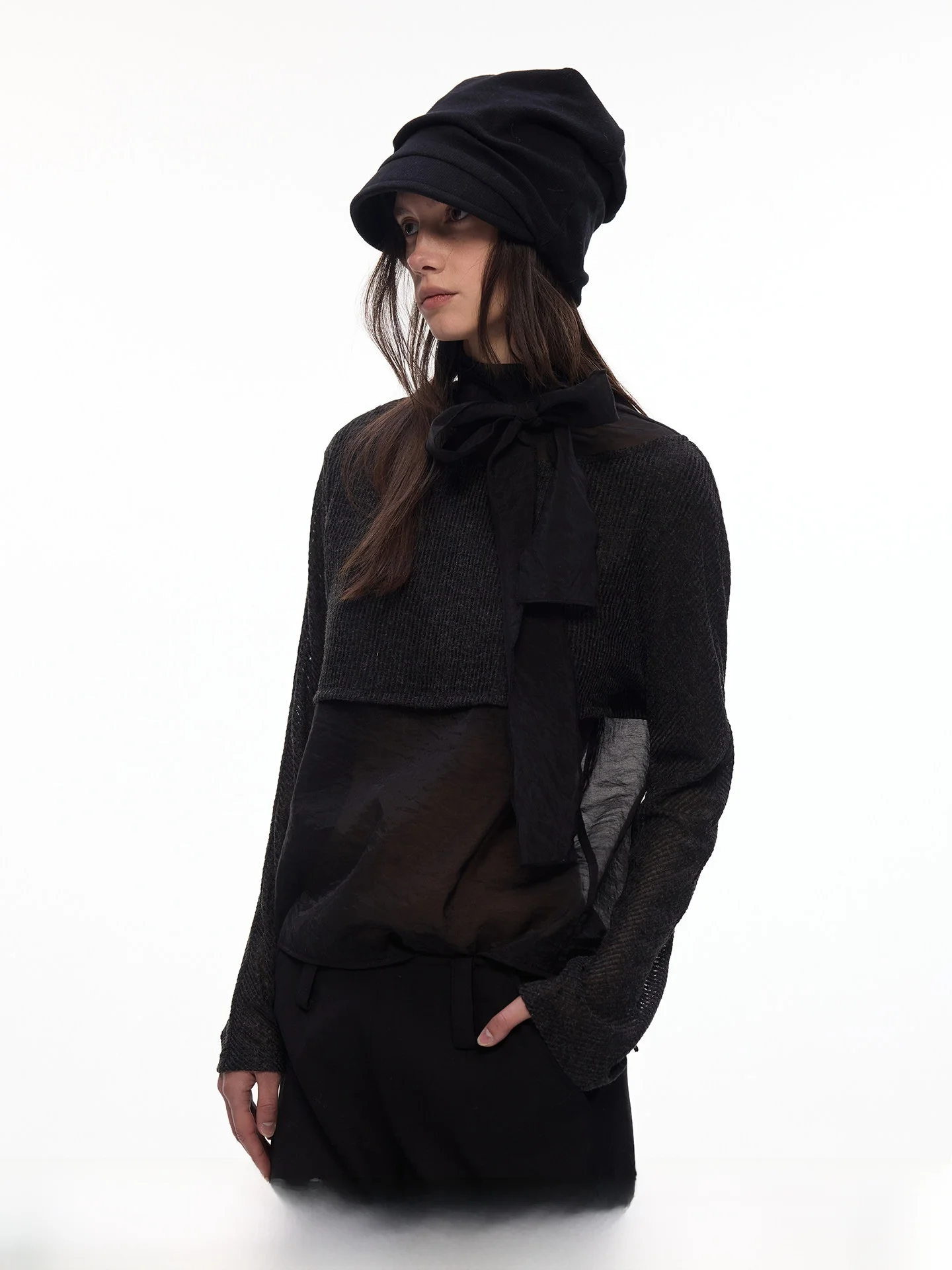 

Женская футболка Billconch Night Veil Prequel с эффектом двухслойности, прозрачными вставками, длинными рукавами и поясом