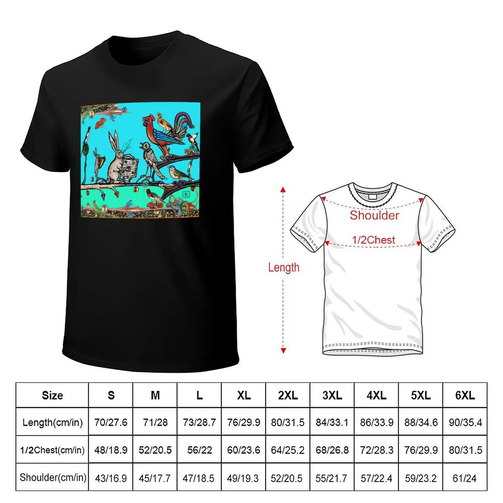 WEIRD MEDIEVAL BESTIARY MORNING MUSIC CONCERT OF RABBITS AND BIRDS IN TEAL BLUE by Bulgan Lumini T-Shirt