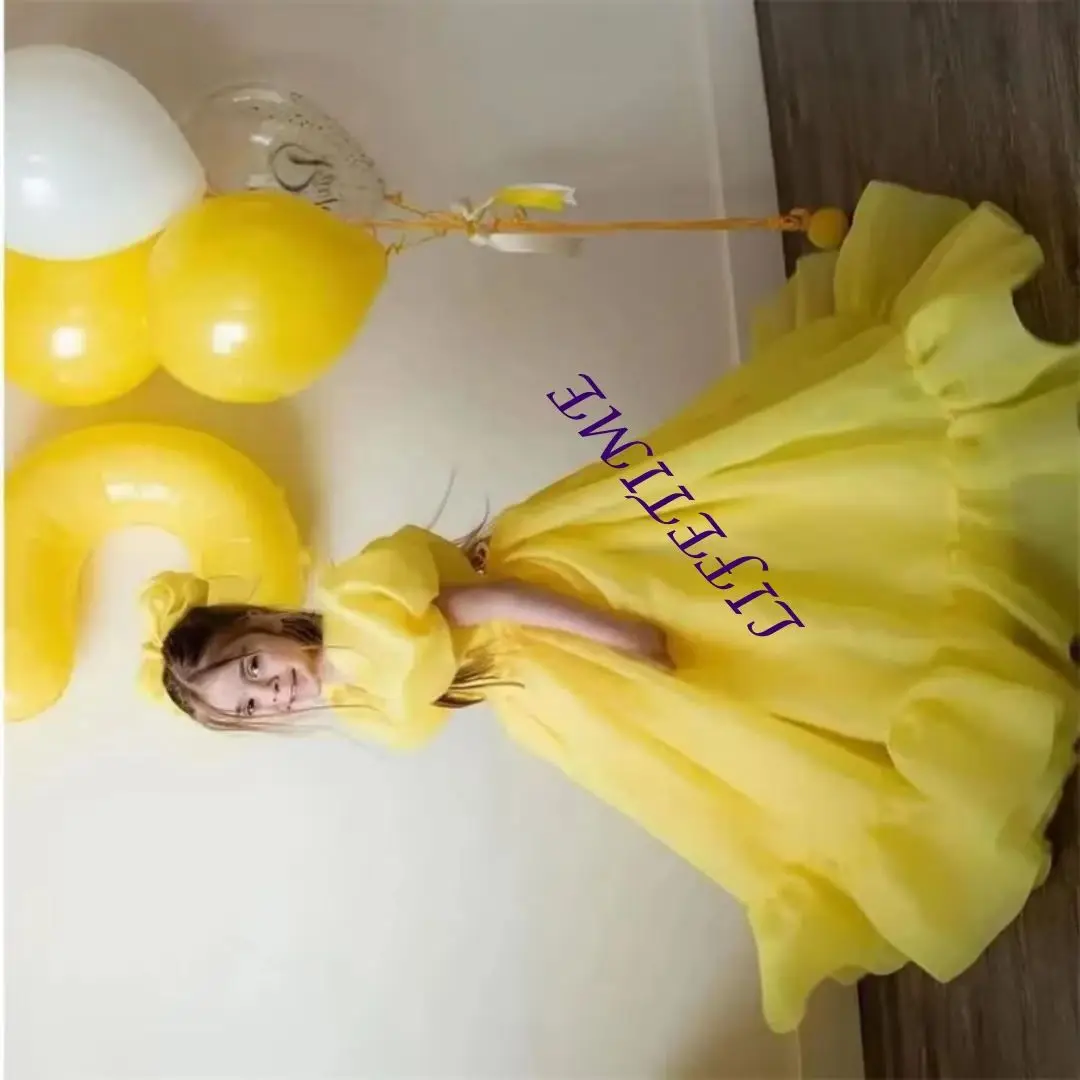 

Желтое платье с цветочным узором для девочек с открытыми плечами, платье принцессы трапециевидной формы со складками длиной до пола, из органзы с короткими рукавами, платье для особых случаев на день рождения