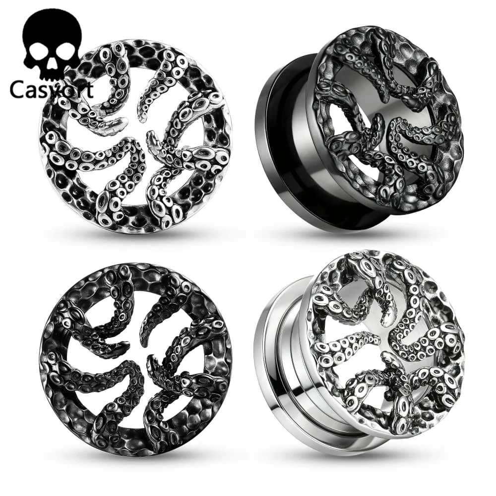 Casvort 2PCS 316 Stainless Steel Cool Octopus Tentacles Ear Gauges Tunnels Earrings Piercing Expanders Body Jewelry Halloween